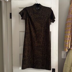 Nina Leonard Brown Animal-Print Short Sleeve Midi Dress